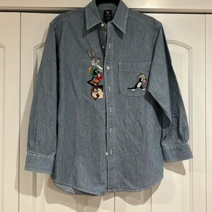 Vintage 1997‎ Warner Bros Studio Store Denim Shirt Looney Tunes Large Sz XS Mens